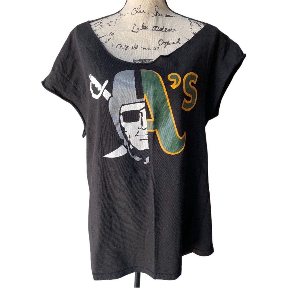 Off the shoulder Las Vegas Raiders and Oakland A’s t shirt.